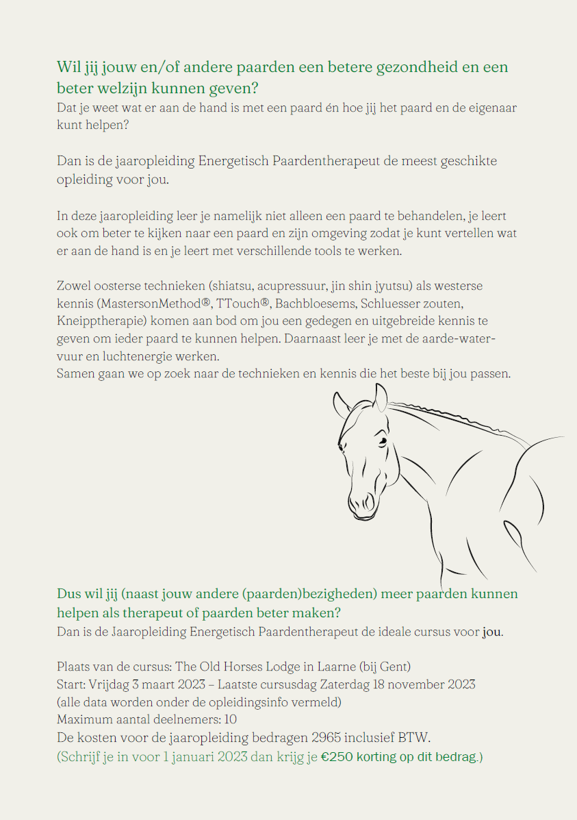 Jaartraining Energetisch Paardentherapeut 2023 in Laarne bij The Old Horses Lodge